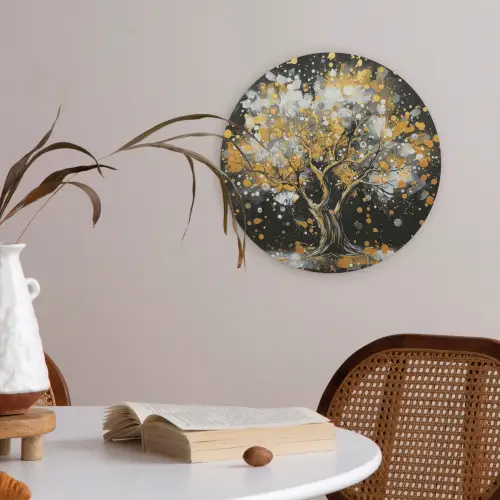Boom - Zwart - Goud - Wit - Modern Akoestische PET Vilt - Rond klein -sfeer3
