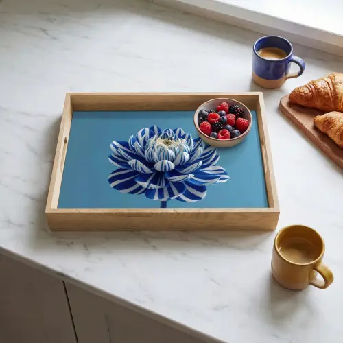 Bloem - Blauw - Bloemblaadjes - Streepjes Dienblad Rechthoek middel -sfeer2