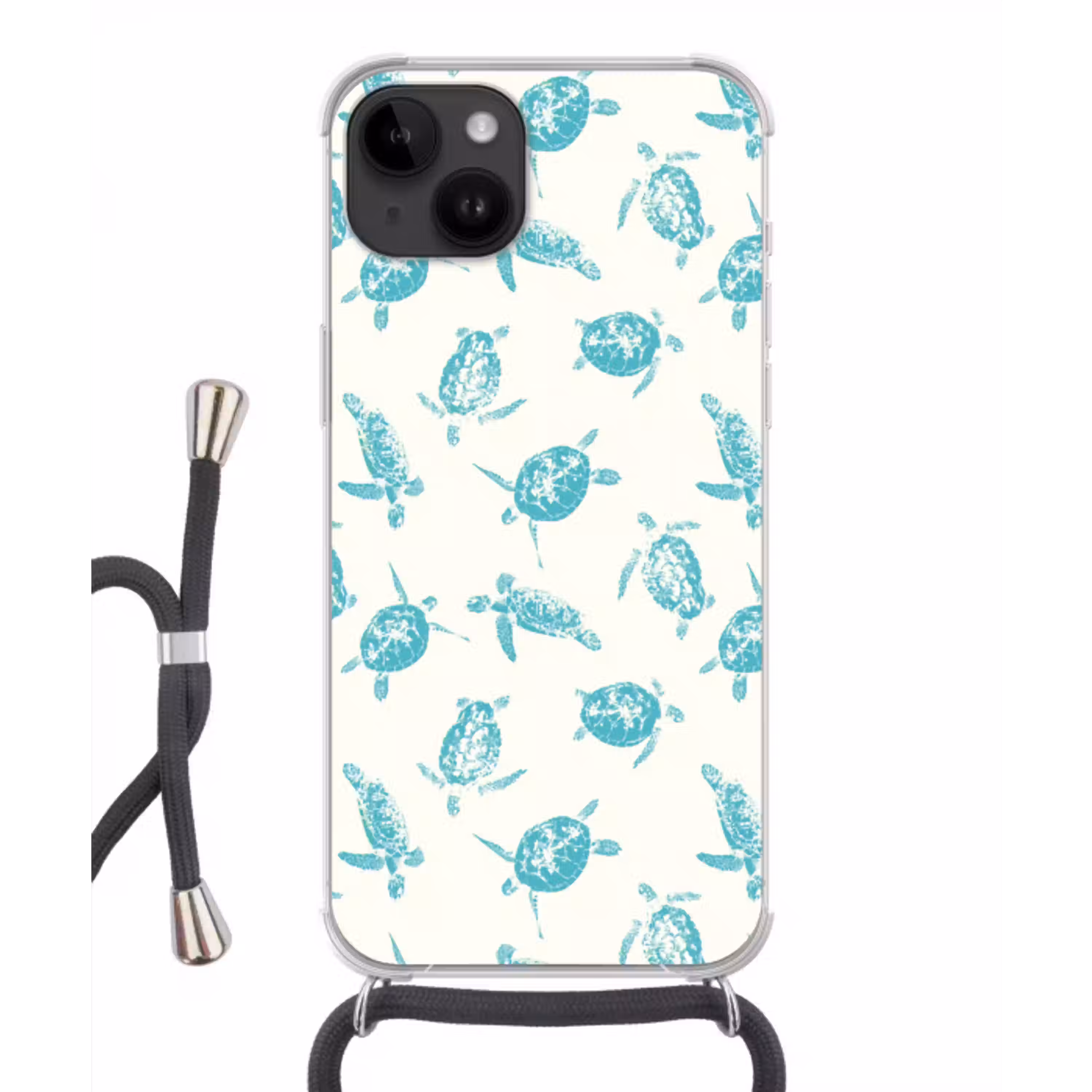 Schildpadden - Patroon - Wit - Blauw Crossbody Case iPhone 14 middel -3d