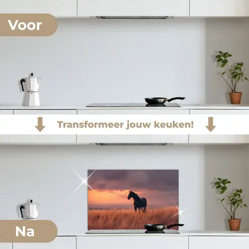 Paard - Wolken - Open veld keuken achterwand spatscherm klein -voor_na_NL