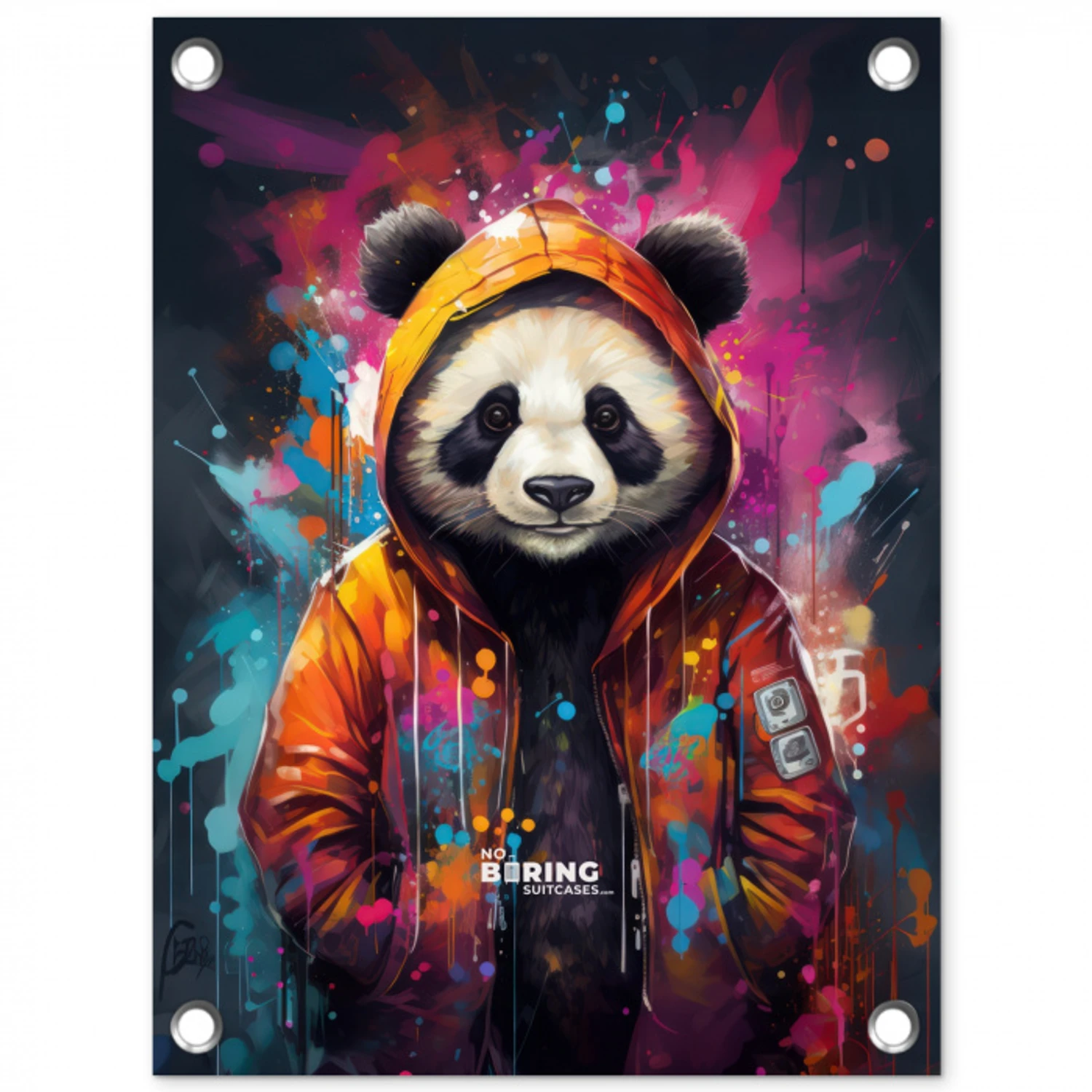 Panda met oranje jas en verfspetters tuinposter los doek klein -3d