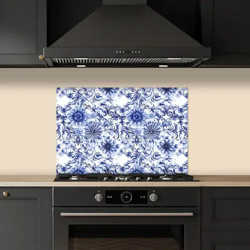 Bloemen - Blauw - Patroon - Wit keuken achterwand spatscherm klein 900 -sfeer1