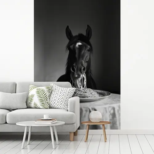 Paard - Bord - Pasta - Tafelkleed - Zwart Wit - Dieren fotobehang vinyl groot -woonkamer