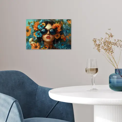 Vrouw - Bloemen - Oranje - Blauw - Modern poster papier klein -sfeer3