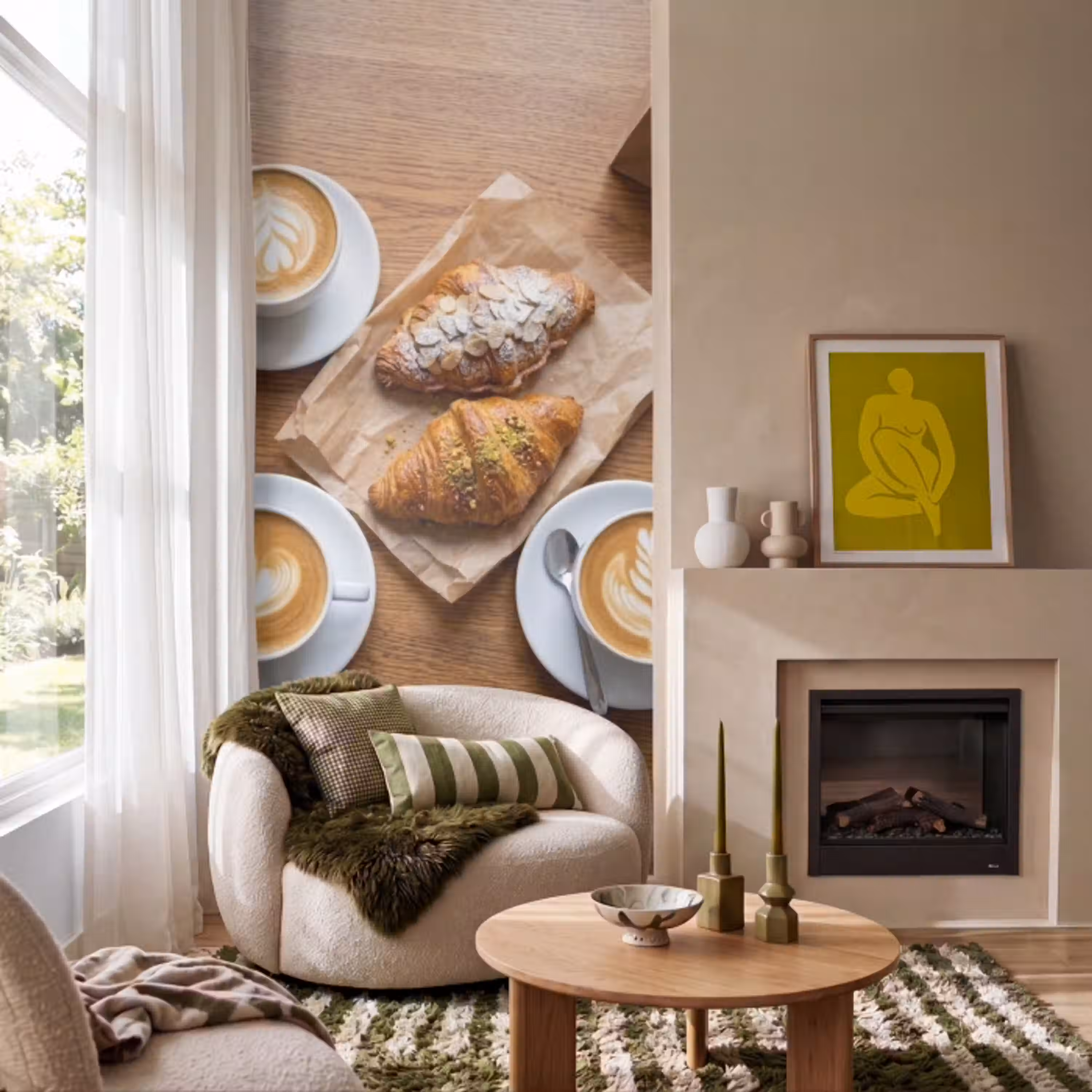 Eten - Croissant - Koffie - Ontbijt - Modern Behang Vlies klein -sfeer2