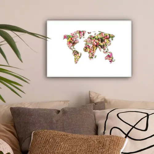 Wereldkaart - Bloemen - Felgekleurd canvas 2cm klein -sfeer1