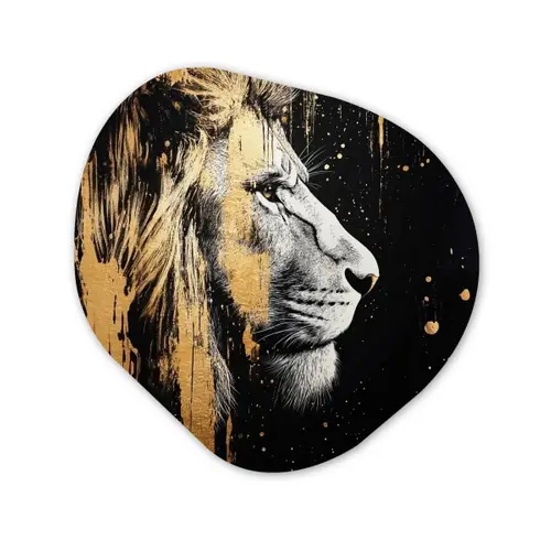 Portret - Leeuw - Abstract - Goud Wandcirkel Organisch Aluminium middel -3d