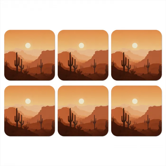 Landschap - Woestijn - Cactussen - Zon onderzetter kurk middel -3d