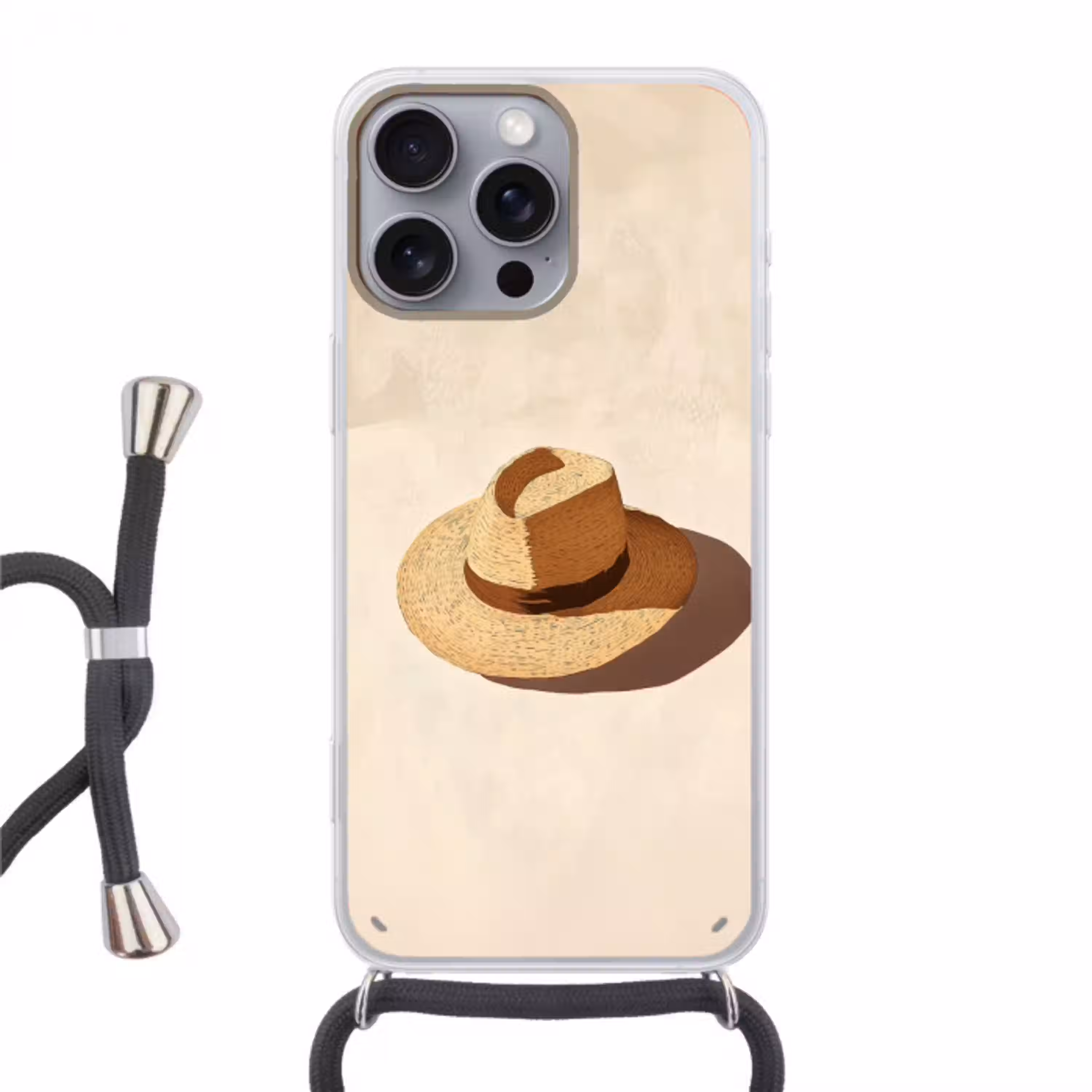 Hoed - Minimalistisch - Schaduw - Beige Hoesje iPhone 16 Pro Max met koord klein -3d