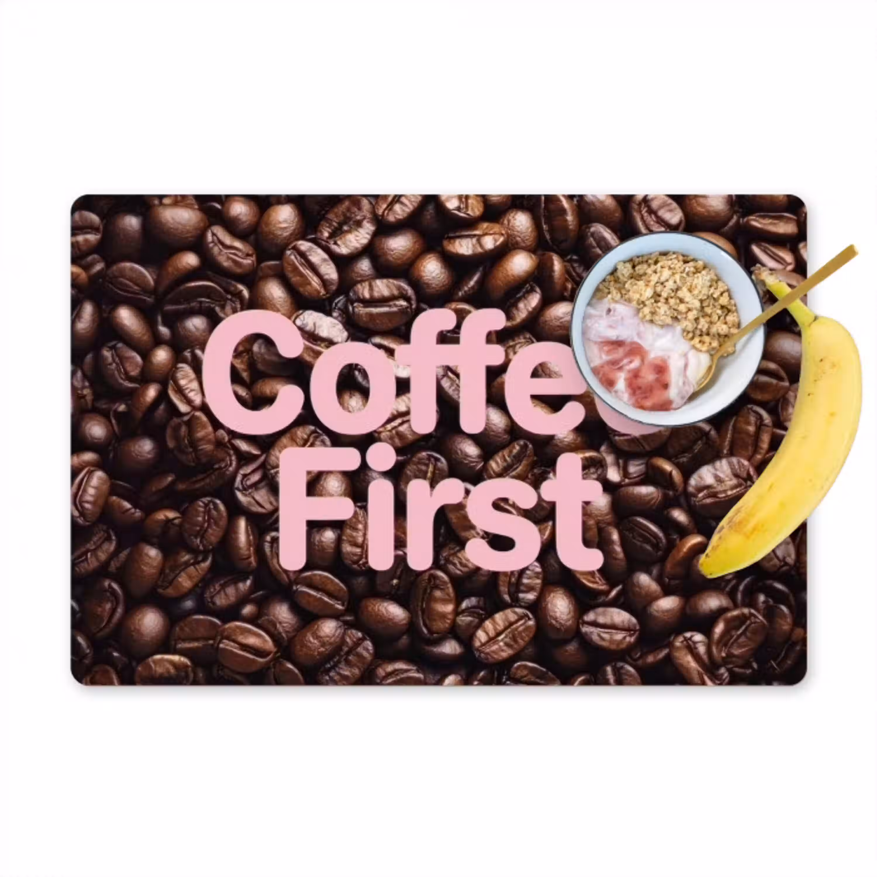 Coffee First - Koffiebonen - Roze Placemat vinyl groot -zzzproduct_Kitchenyeah-website