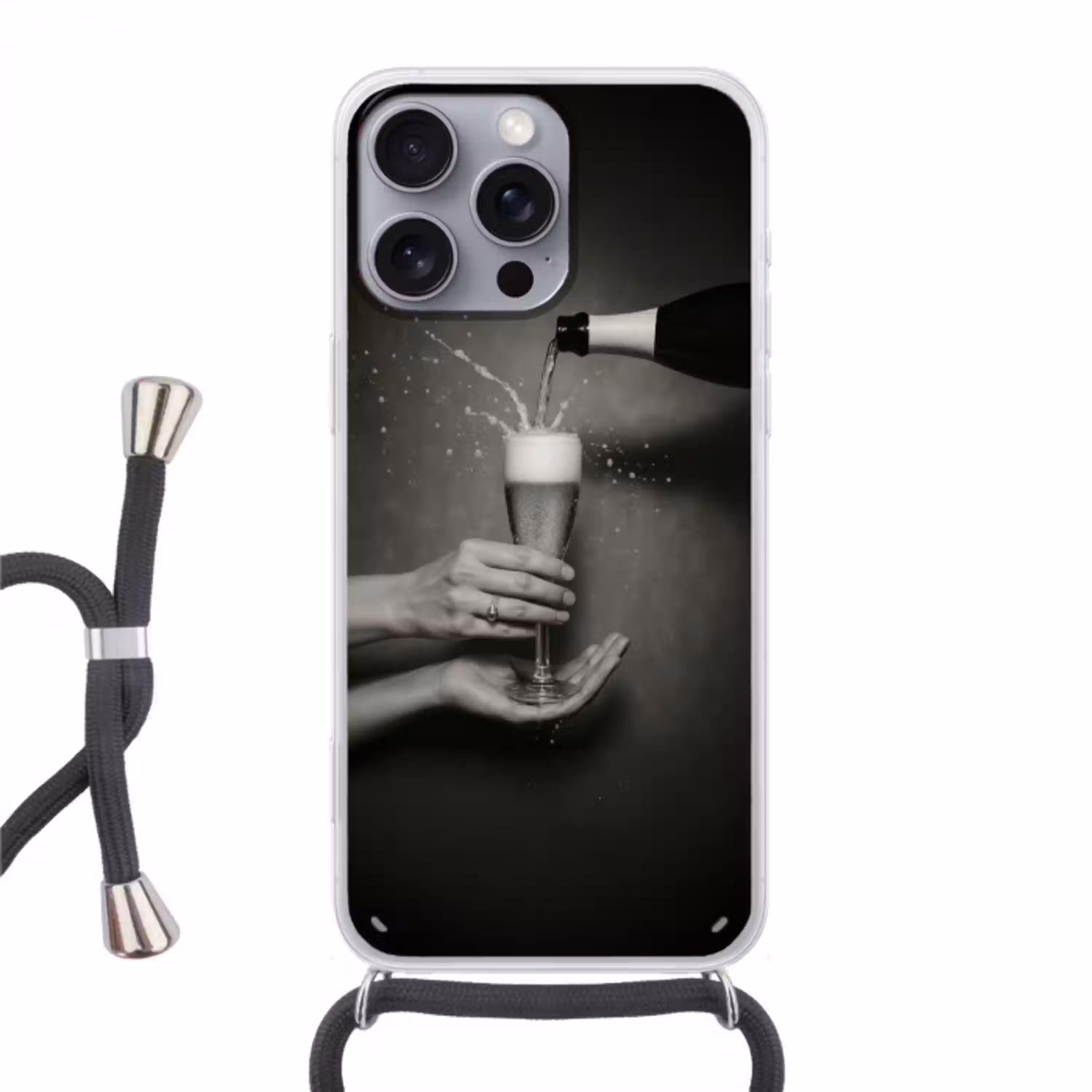 Champagnefles - Glas - Minimalistisch - Spetters Hoesje iPhone 16 Pro Max met koord klein -3d