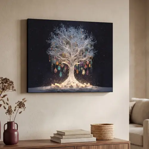 Sneeuwboom  - Lichtjes - Wit - Kleurrijk Textielframe zwart klein -sfeer3