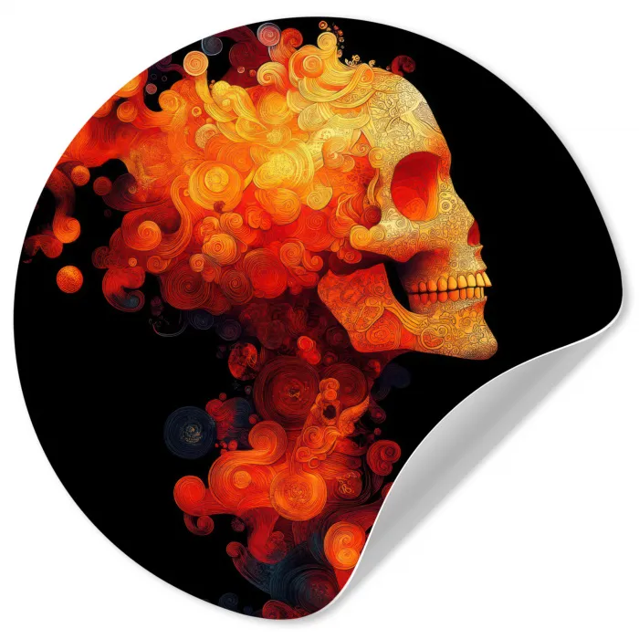 Schedel - Oranje - Zijaanzicht - Vlammen Wandcirkel behangsticker klein -3d