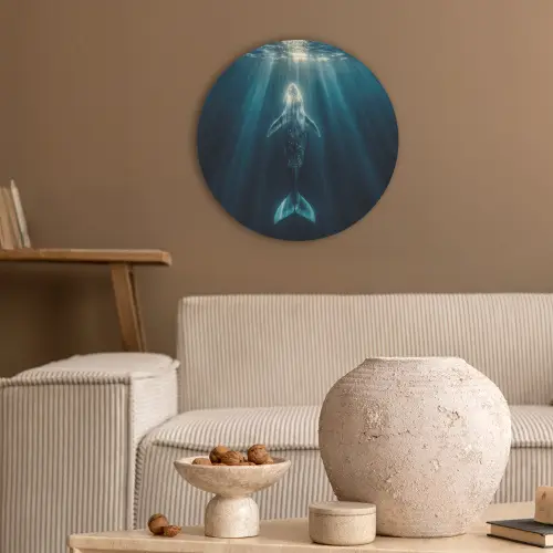 Walvis - Water - Zonnestralen - Blauw Akoestische PET Vilt - Rond klein -sfeer1