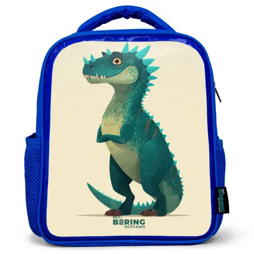 Spiky dino met vriendelijke blik Kinderrugzak - Blauw middel -3d