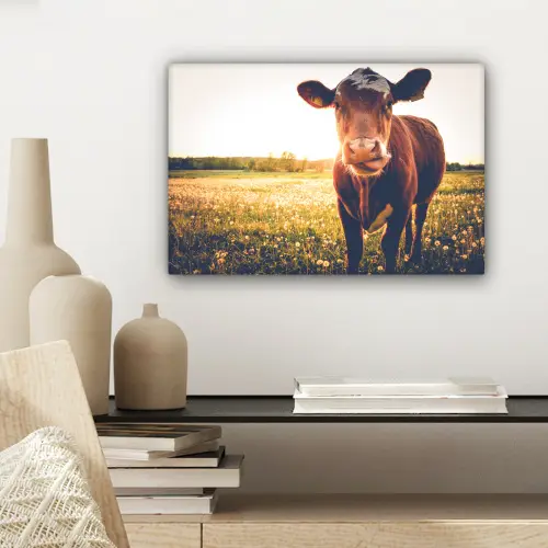 Koe - Zonsondergang - Bloemen - Gras - Dieren canvas 2cm klein -sfeer6