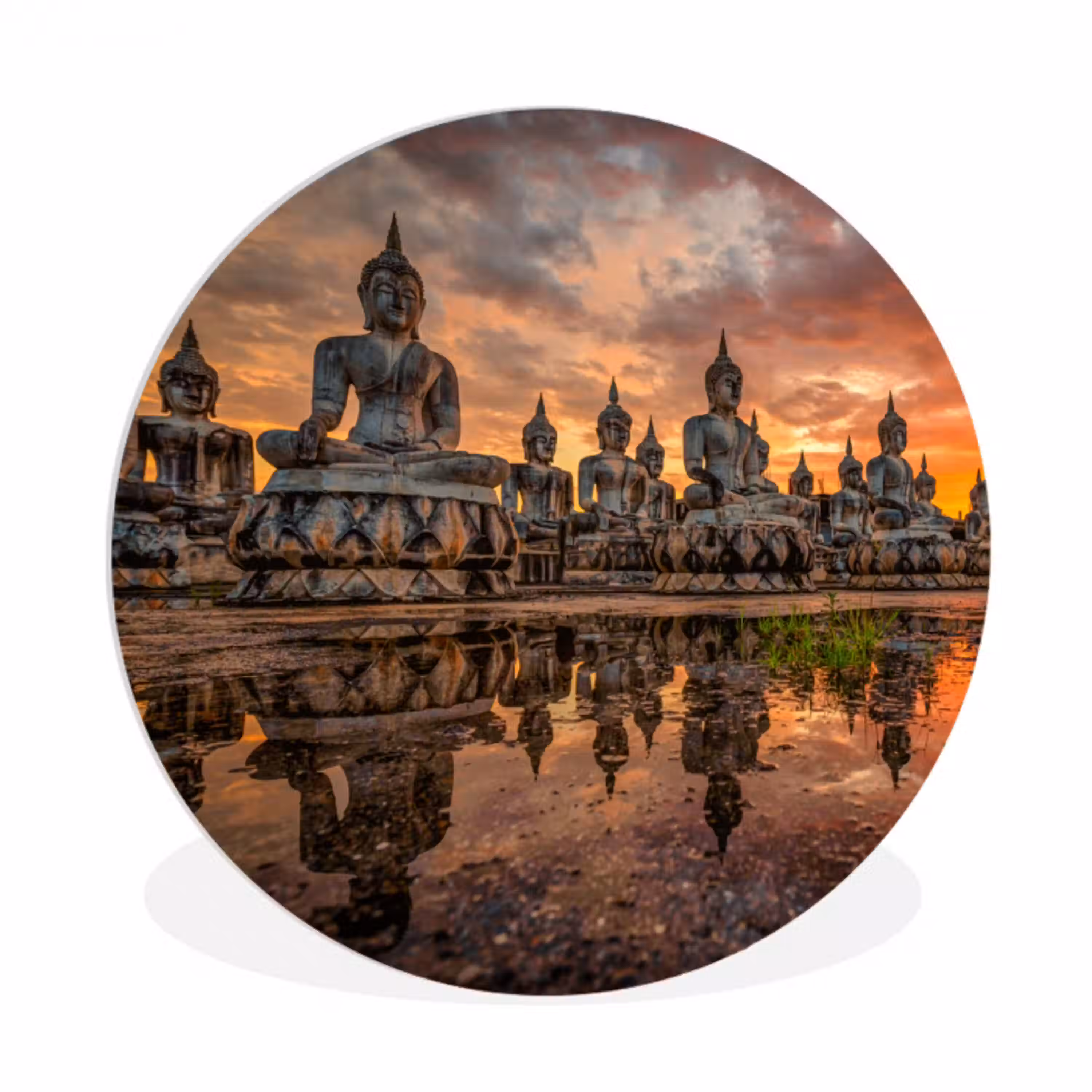 Boeddha beelden - Zonsondergang - Water - Boeddhisme Wandcirkel kunststof plaat 5mm dik klein -3d