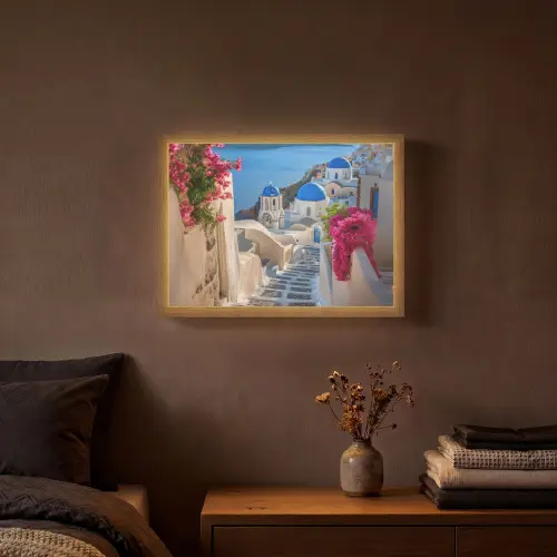 Santorini - Bloemen - Griekenland Light Box met batterij (Wandlamp) middel -sfeer4