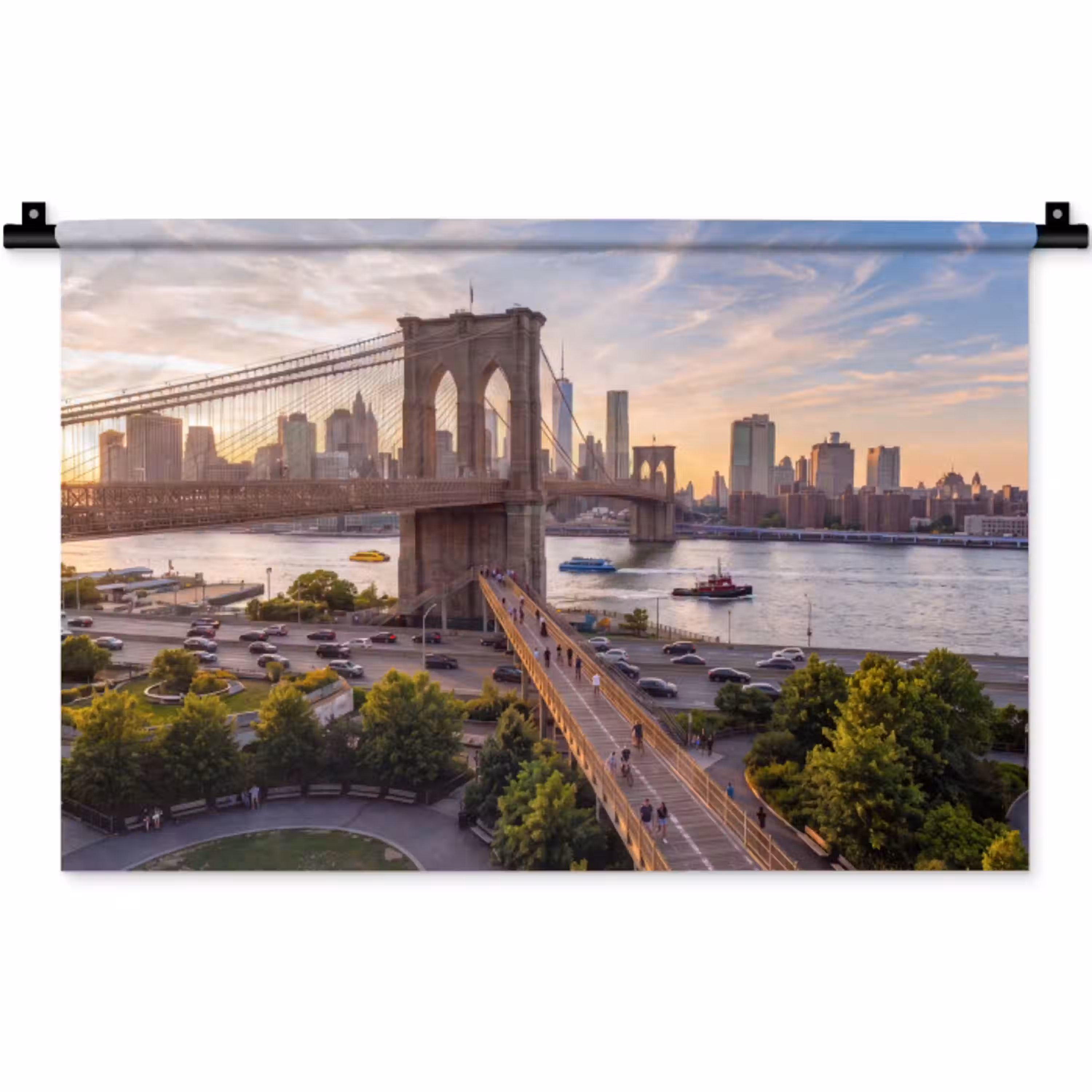Brug - Rivier - Stad - Zonsondergang - Architectuur Wandkleed katoen klein -zz3d