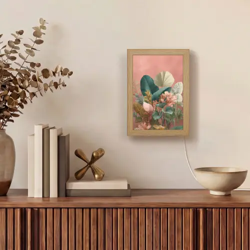 Tropische bladeren - Bloemen - Roze - groen Light Box met kabel (Tafellamp) klein -sfeer2
