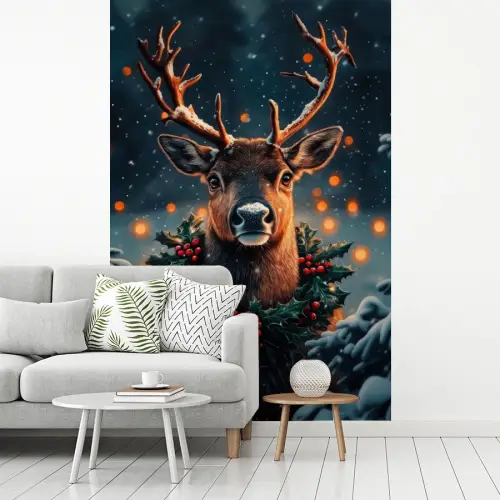 Hert - Kerst - Winter - Sneeuw - Kerstkrans fotobehang vinyl groot -woonkamer