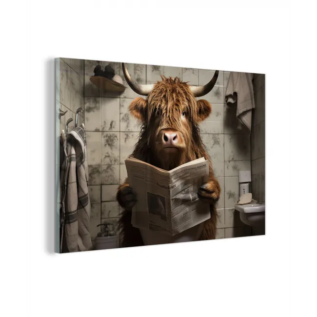 Glas schilderij - Schotse hooglander - Toilet - Krant - Badkamer