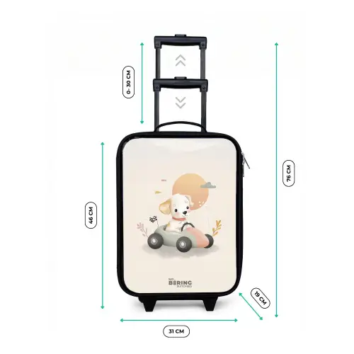 Puppy in een raceauto in beige kleuren Kinderkoffer - Zwart klein -productfoto_formaten