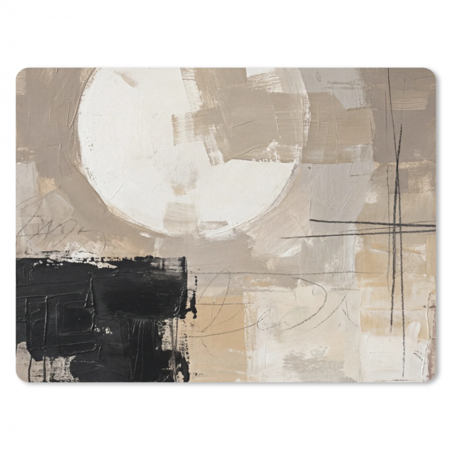 Abstract - Cirkel - Modern - Beige - Zwart - Minimalistisch muismat rubber klein -3d