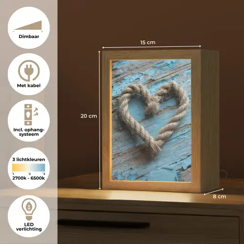 Hart - Touw - Hout - Rustiek Light Box met kabel (Tafellamp) klein -USP_NL