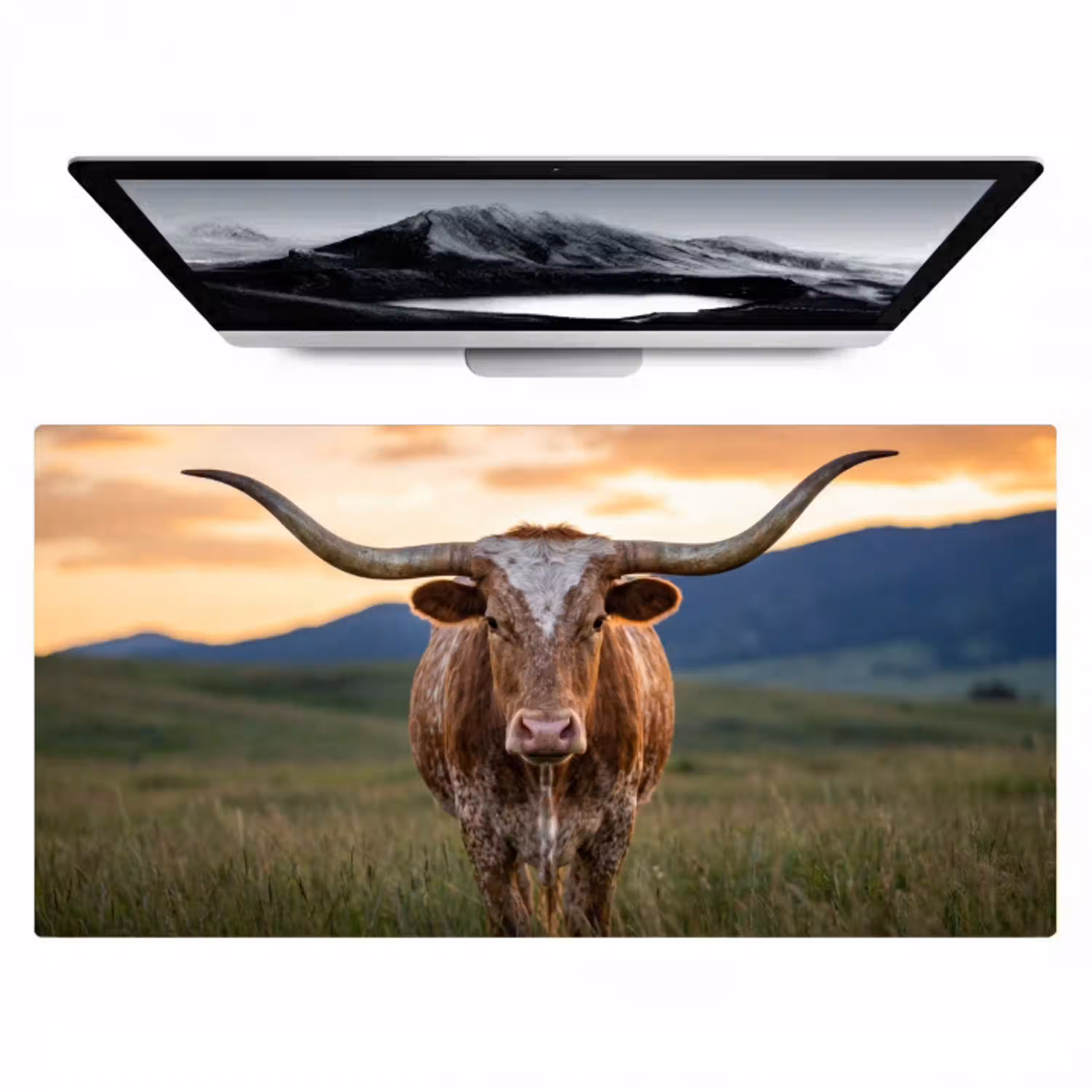Longhorn - Landschap - Zonsondergang Muismat XXL klein -zzz3d