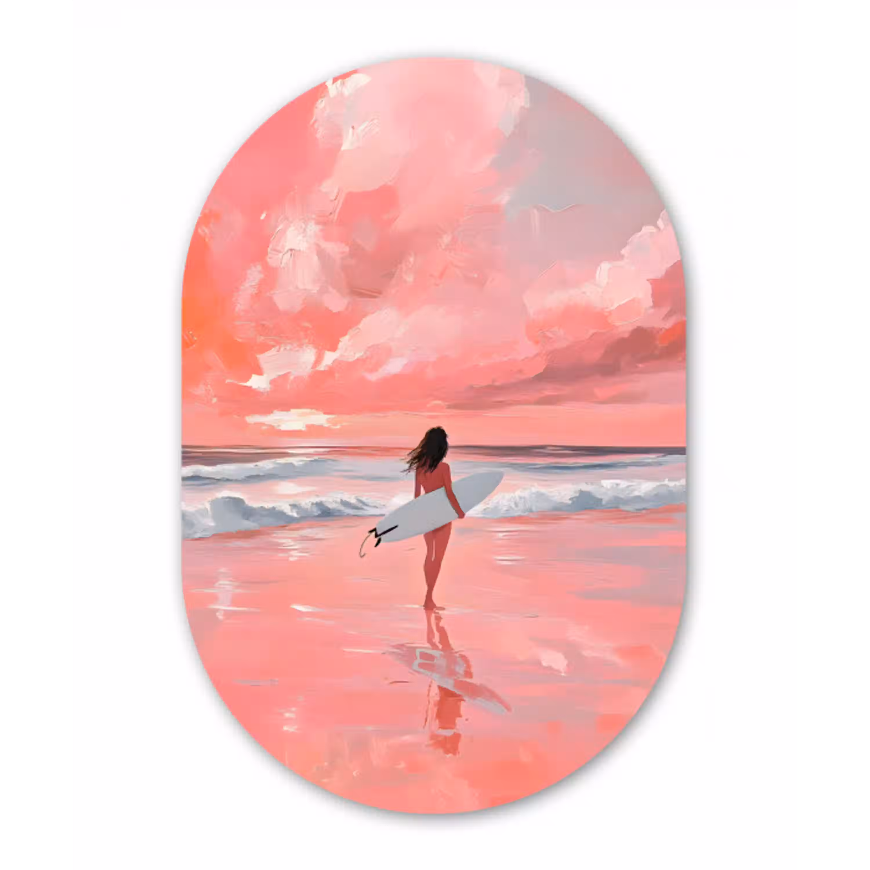 Roze - Surfen - Zee Wandcirkel Ovaal Glas middel -3d