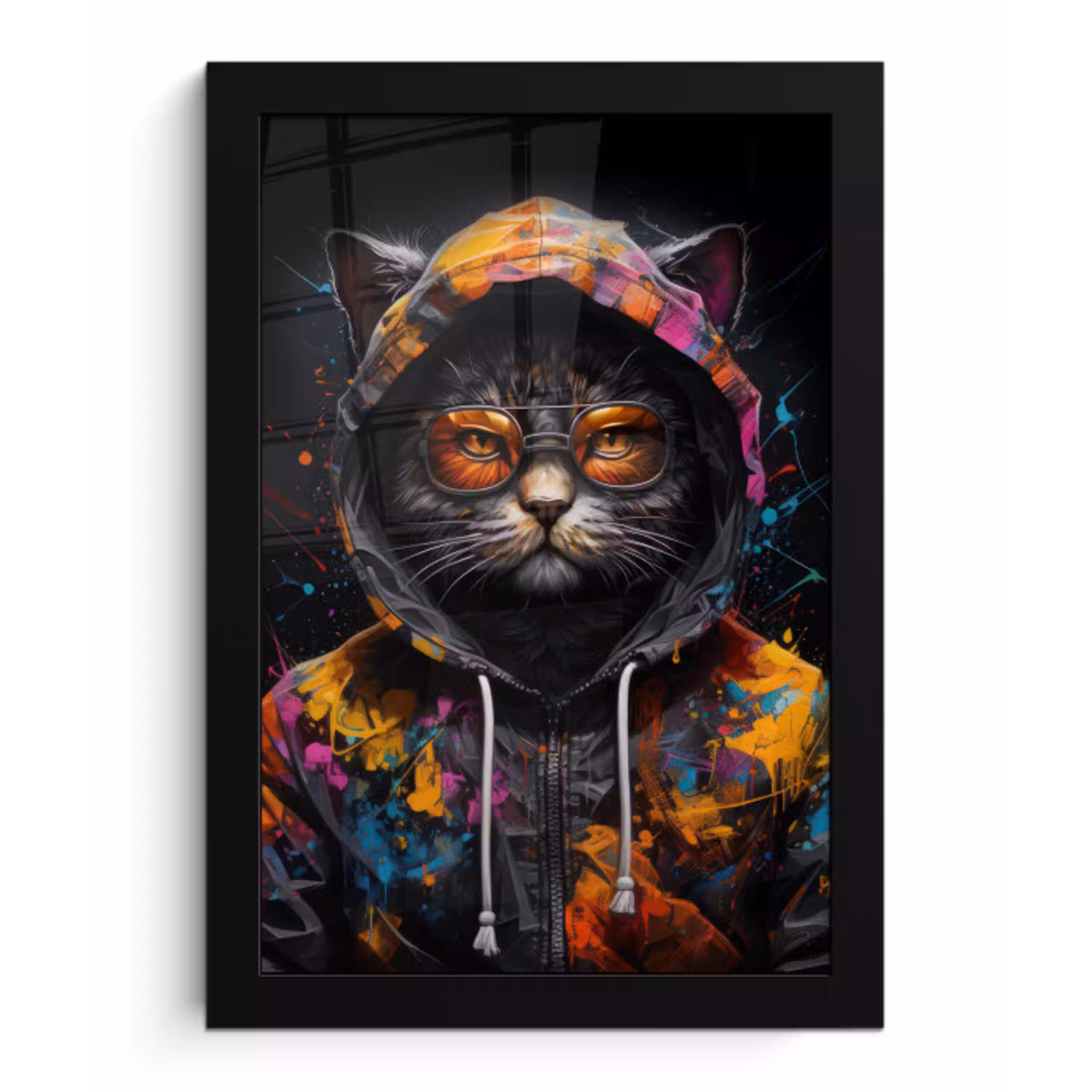 Kat - Jas - Graffiti - Bril - Zwart fotolijst zwart zonder passe partout klein -3d