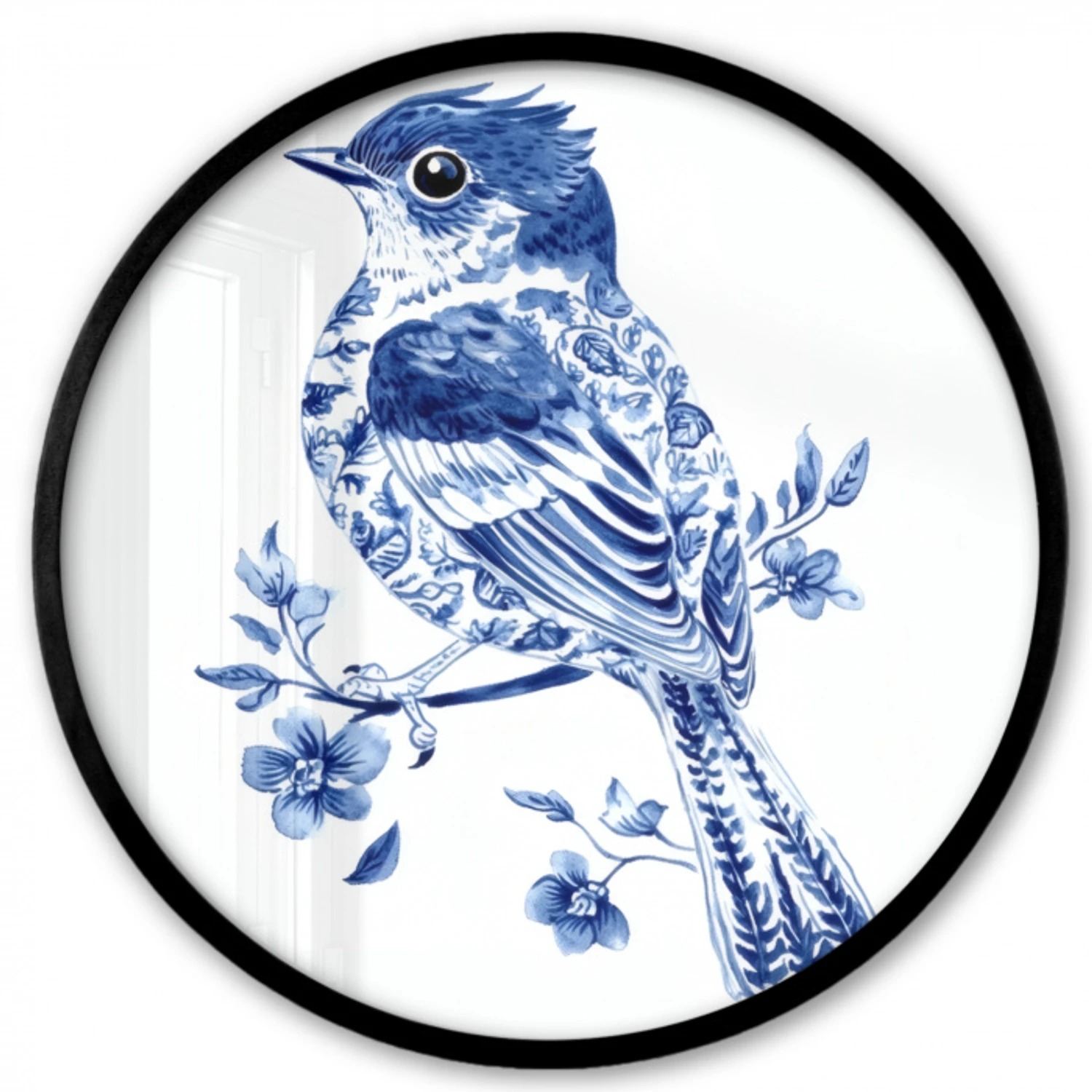 Vogel - Delfts blauw - Illustratie - Bloemen Fotolijst rond zonder passe partout klein -3d