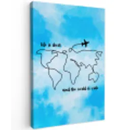 Blauw - Quote - Wereldkaart Tuinposter op houten frame 2 cm dik middel -3d