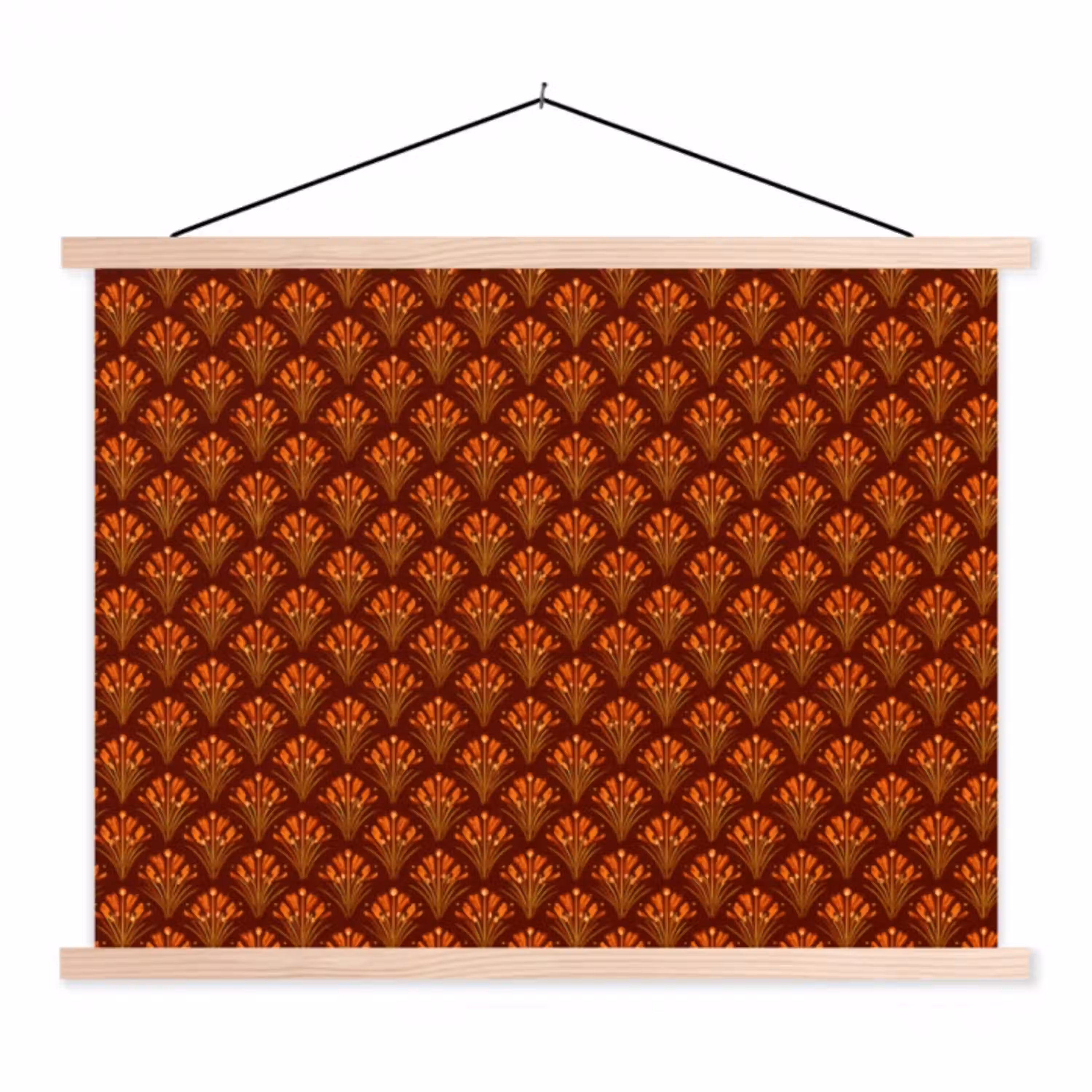 Waaiers - Art Deco - Botanisch - Roestbruin - Oranje textielposter latten blank klein 122 -3d