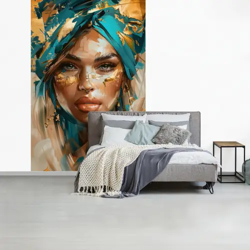 Vrouw - Portret - Goud - Luxe - Blauw fotobehang vinyl groot -slaapkamer