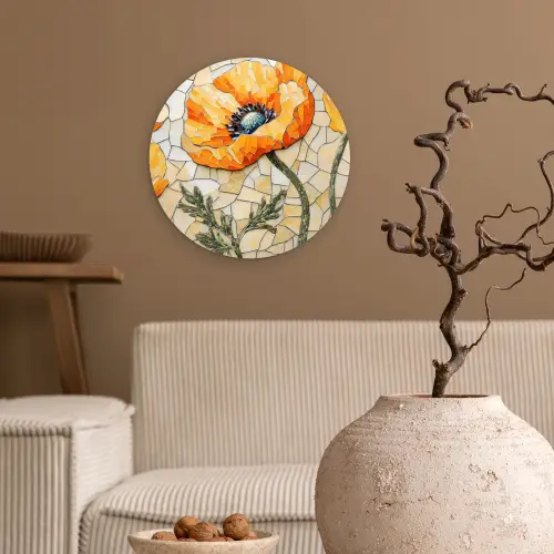 Klaprozen - Oranje - Mozaïek - Bladeren Wandcirkel kunststof plaat 5mm dik klein -sfeer1