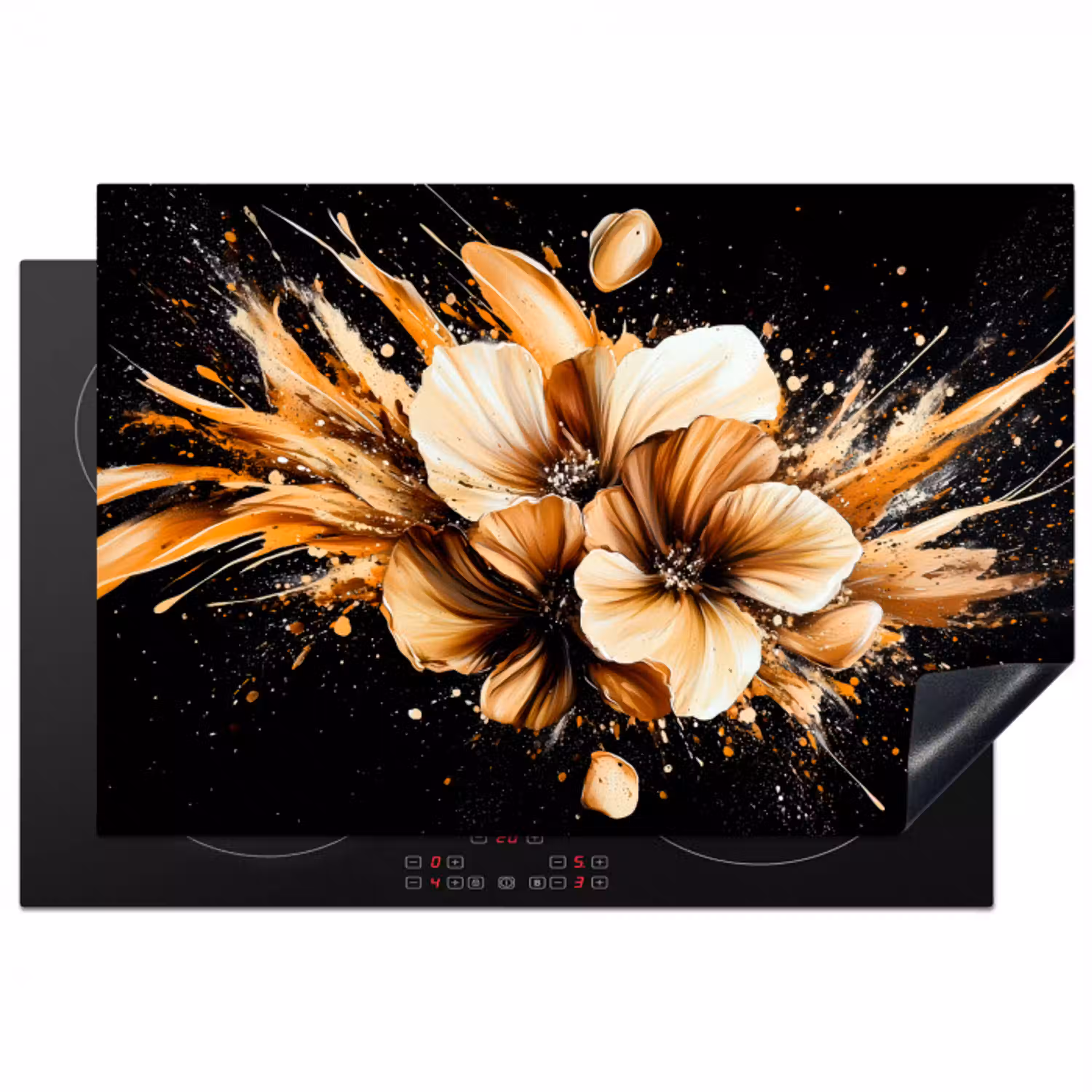 Bloemen - Goud - Graffiti - Zwart - Abstract Inductie beschermer vinyl 3mm klein -3d