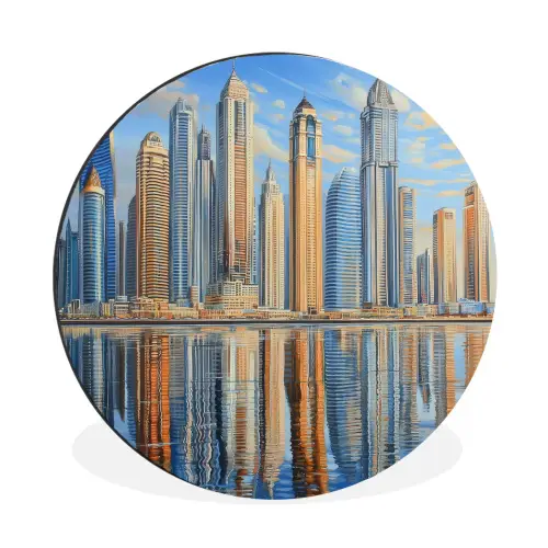 Skyline - Wolkenkrabbers - Water - Blauw Wandcirkel aluminium klein -3d