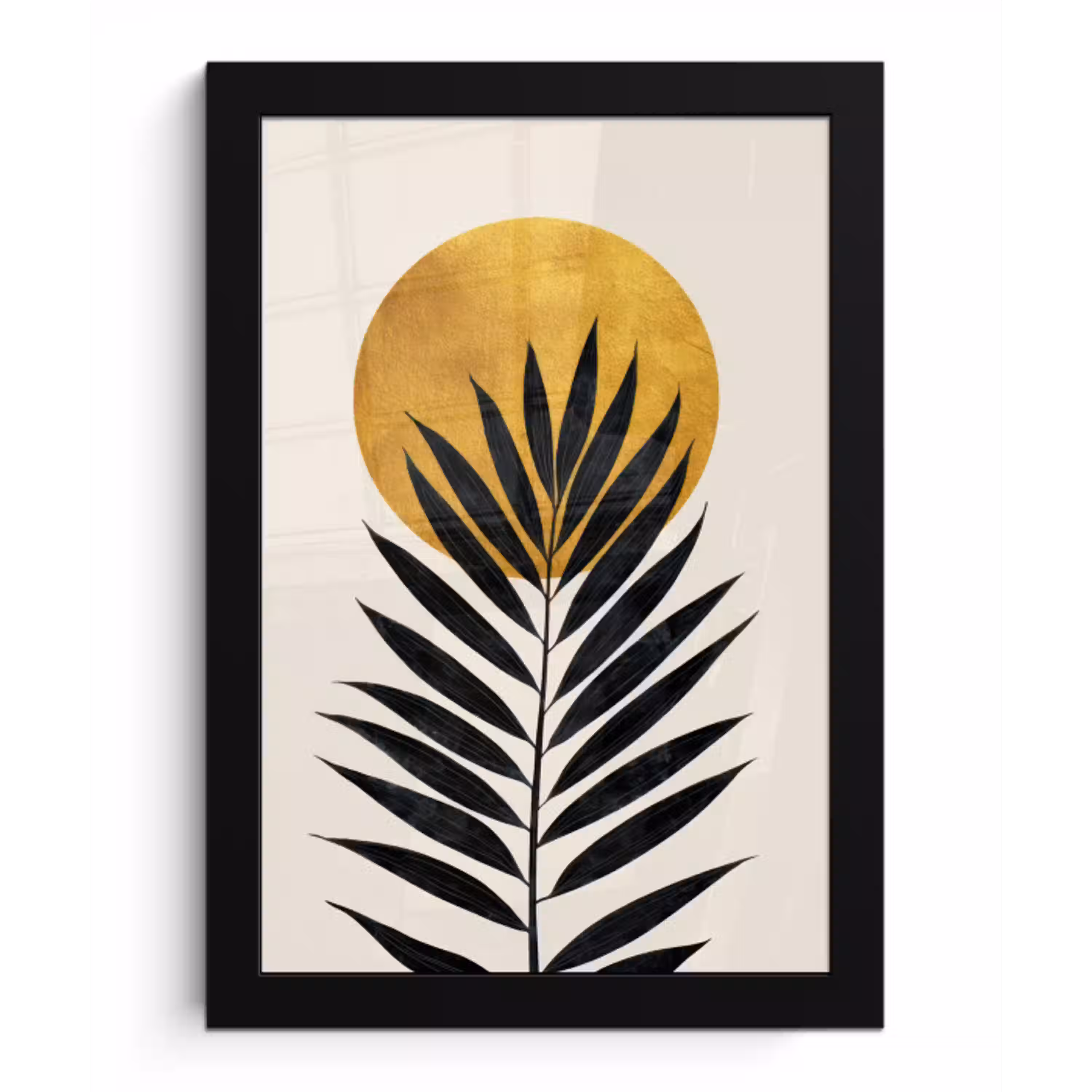 Zwart palmblad - Gouden cirkel - Beige achtergrond fotolijst zwart zonder passe partout klein -3d