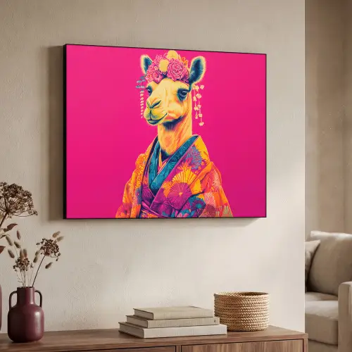Kameel - Bloemen - Kimono - Waaiers Textielframe zwart klein -sfeer3
