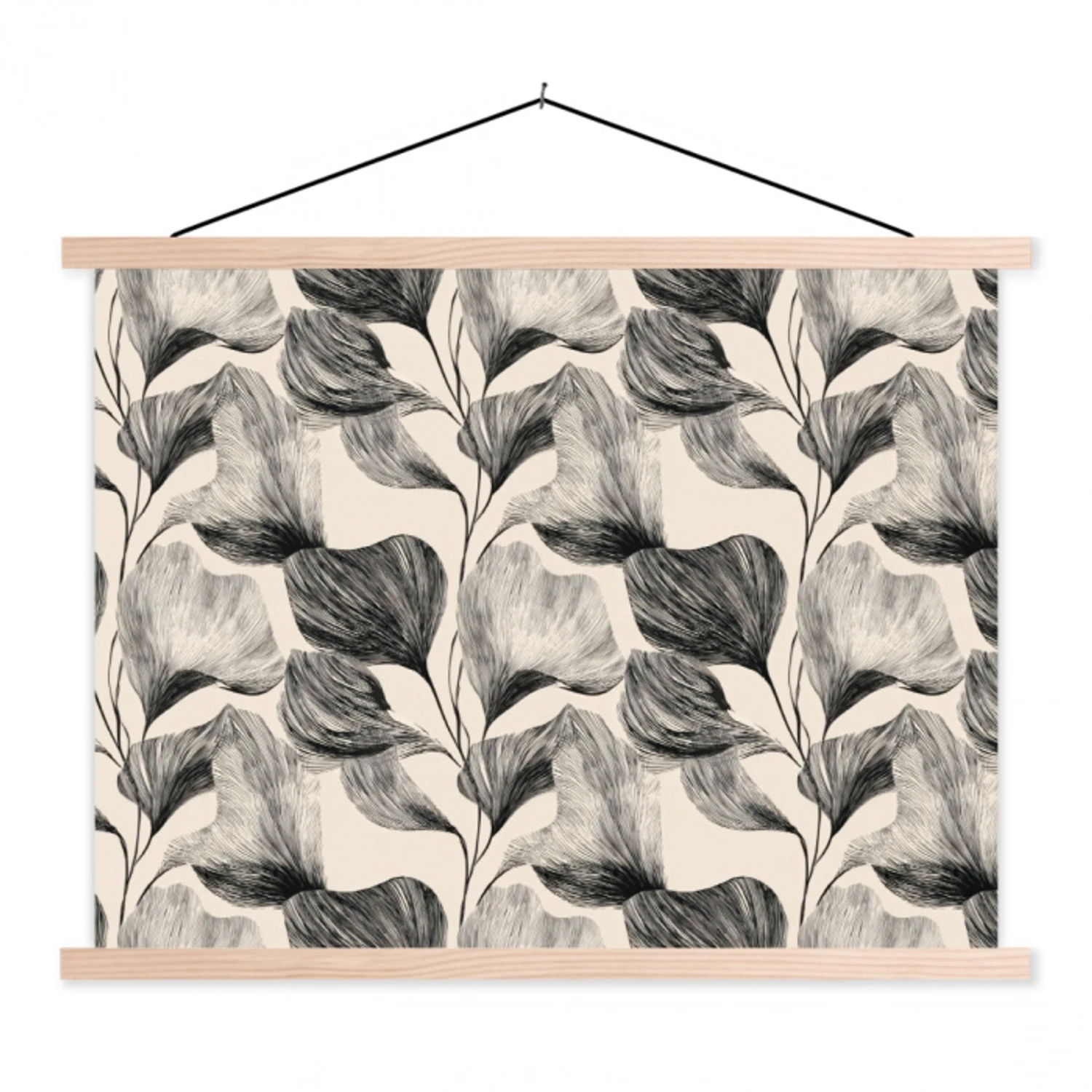 Botanisch - Bladeren - Zwart textielposter latten blank klein 122 -3d
