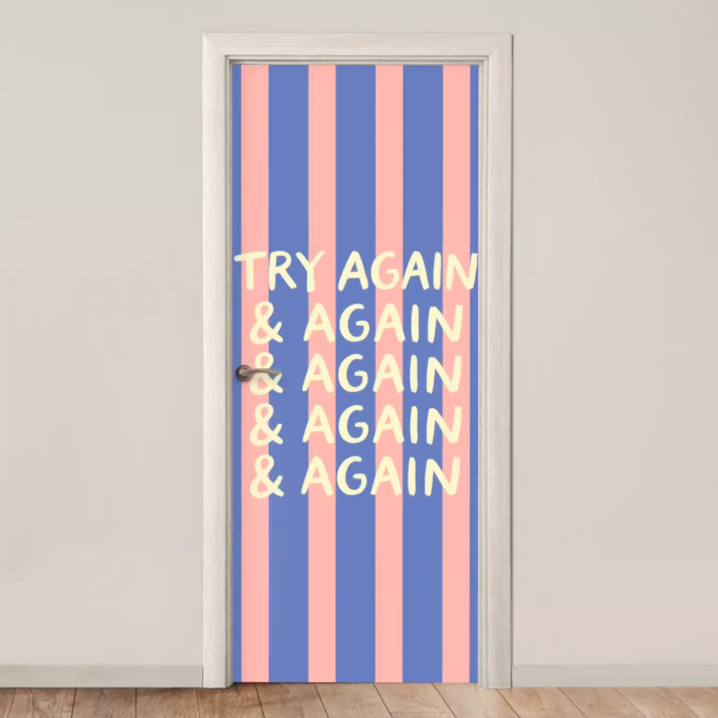 Try again - Strepen - Roze - Verticaal - Blauw deurposter klein -3d_beige