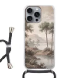 Bomen - Meer - Bergen - Illustratie Hoesje iPhone 16 Pro Max met koord klein -3d