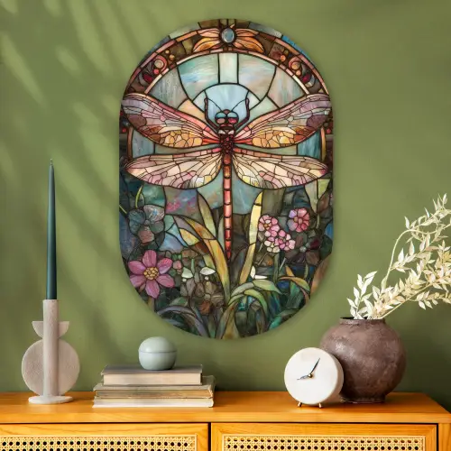 Libelle - Mozaïek - Bloemen - Kleurrijk Wandcirkel Ovaal Glas middel -sfeer2