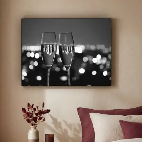 Bubbels - Proosten - Champagneglazen - Stadslichten Textielframe - compleet frame klein -sfeer1