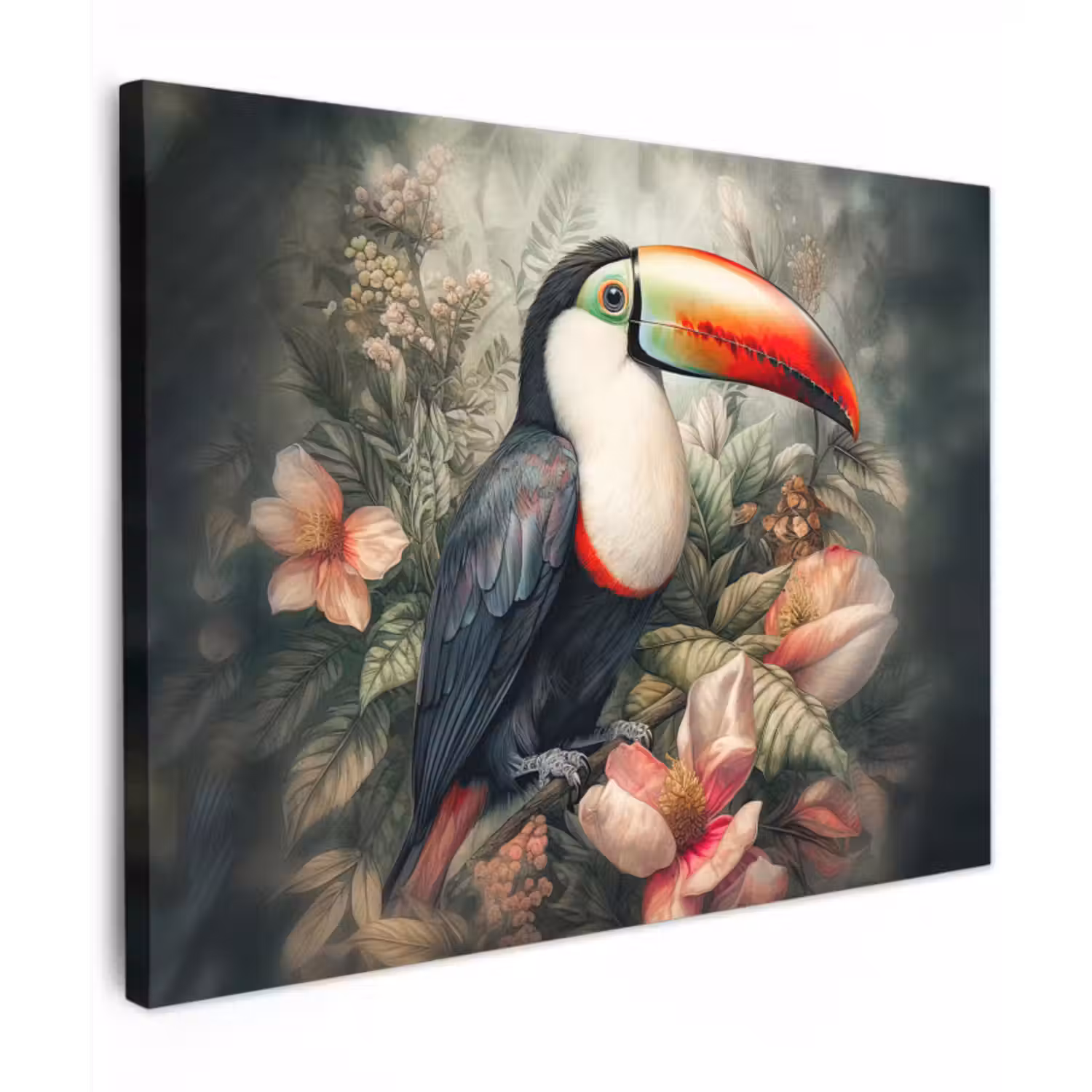 Canvas schilderij - Toekan - Vogels - Bloemen - Planten - Tropisch