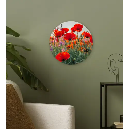Klaproos - Bloemen - Rood - Paars - Weide Wandcirkel kunststof plaat 5mm dik klein -sfeer3