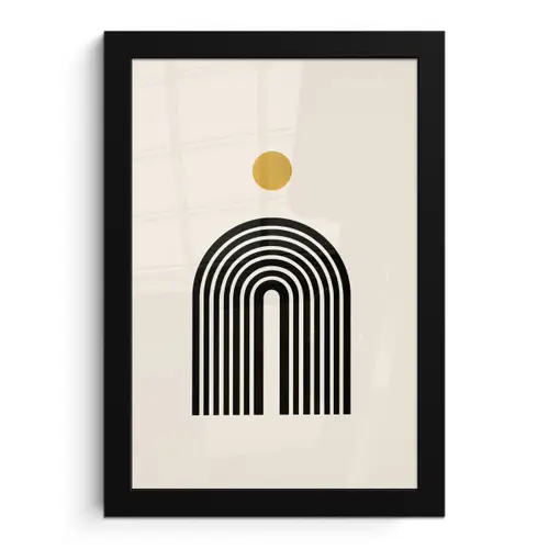 Minimalistisch - Zwarte boog - Gouden cirkel fotolijst zwart zonder passe partout klein -3d