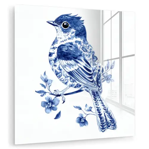 Vogel - Delfts blauw - Illustratie - Bloemen plexiglas 5mm klein -zzzproduct_nieuw